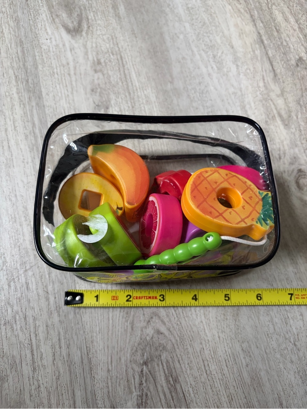 Preschool learning toy - threading, shapes, fruit